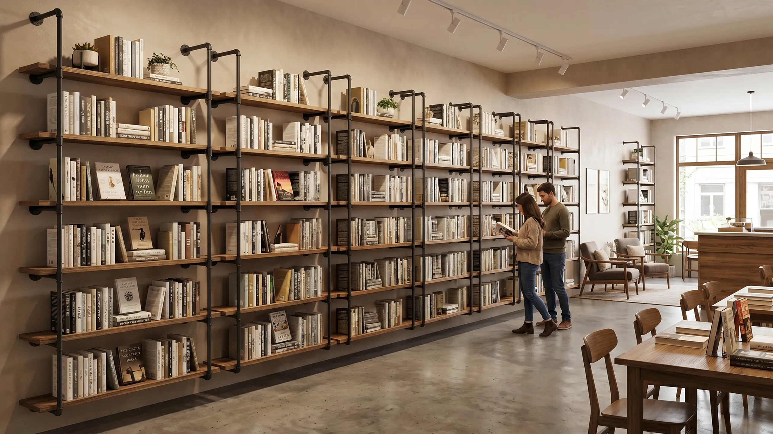 Industrial floating shelves in a modern boutique