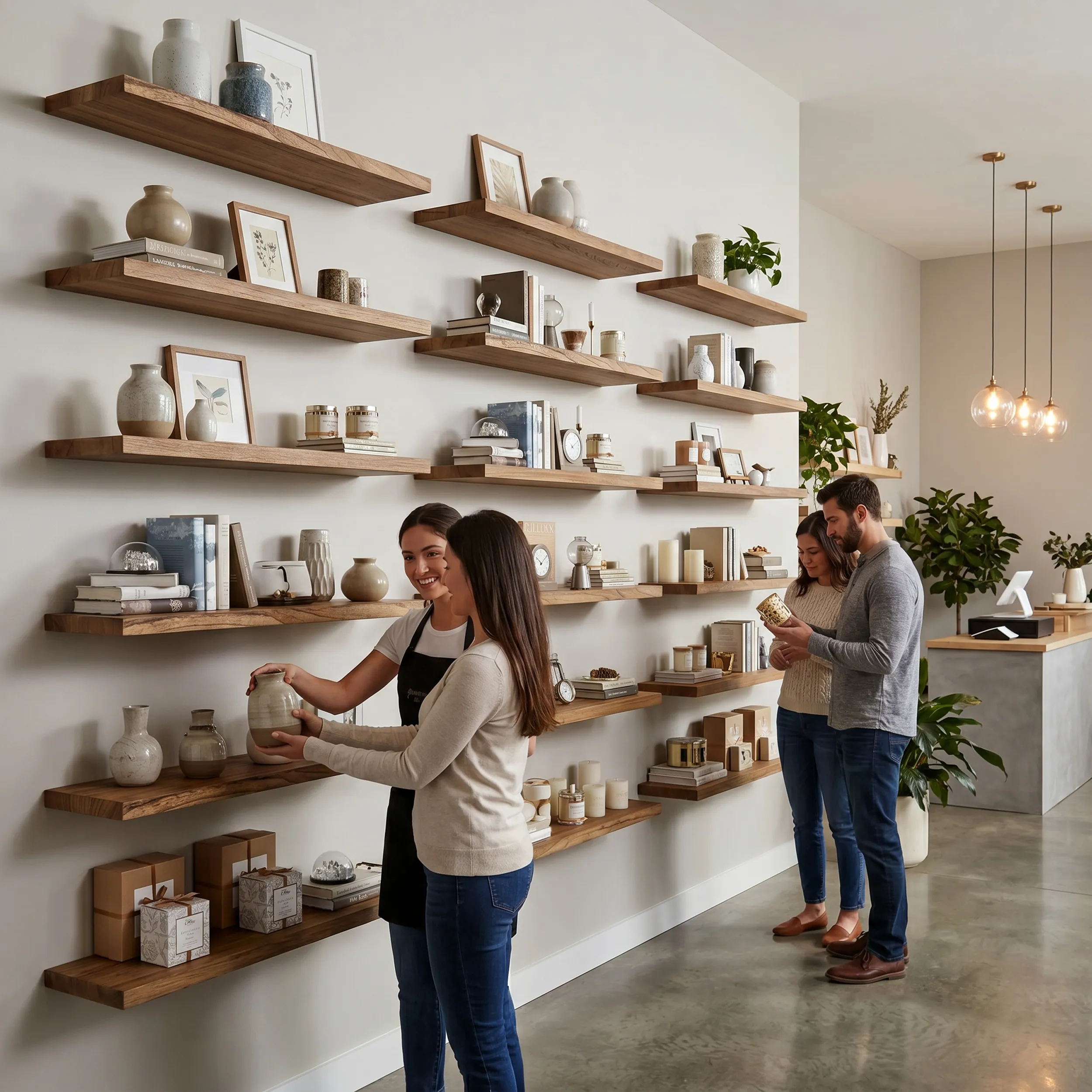 Floating shelves styling a curated retail display