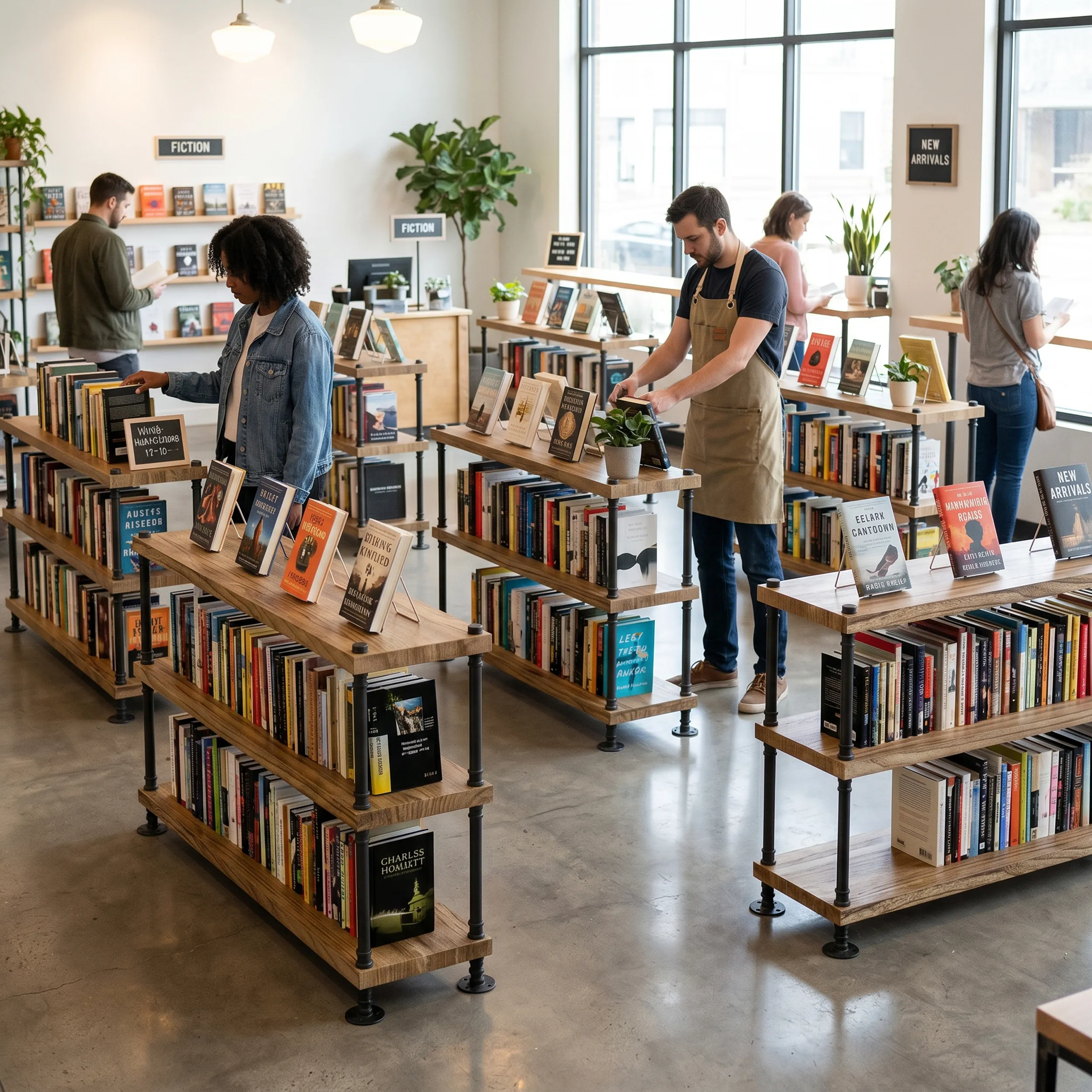 Solid-wood floating shelves styled as a product wall