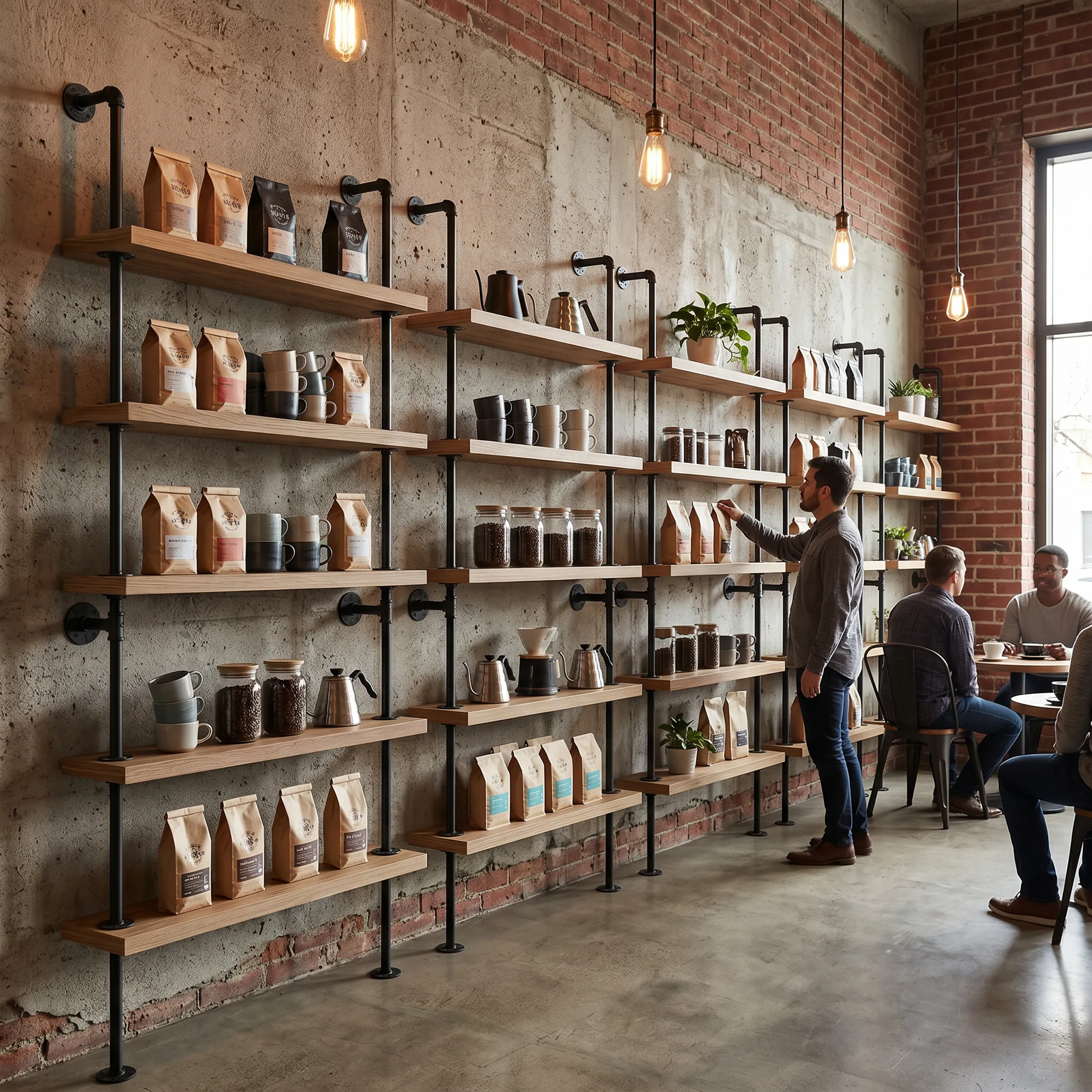 Floating shelves arranged for product display