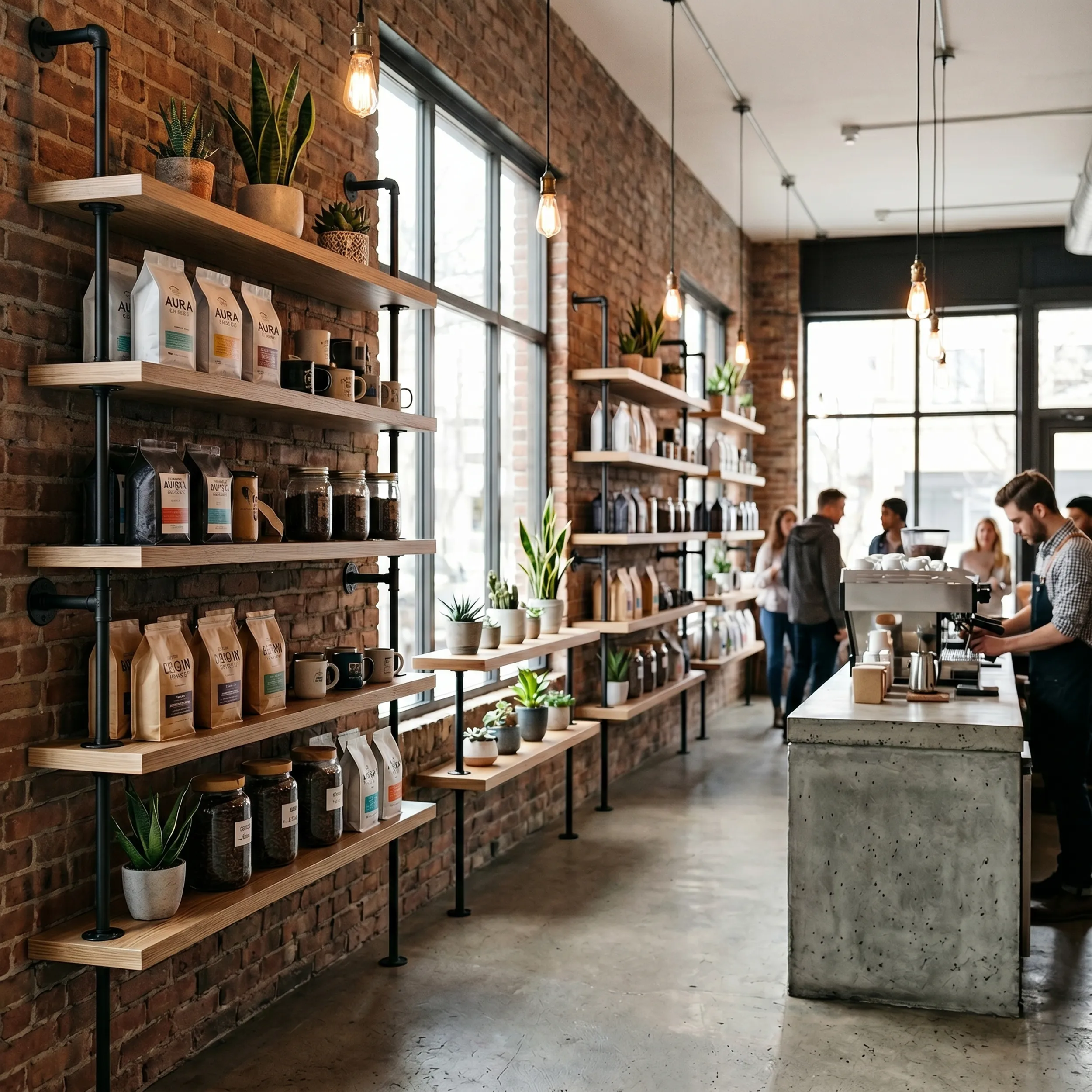 Floating shelves arranged for product display