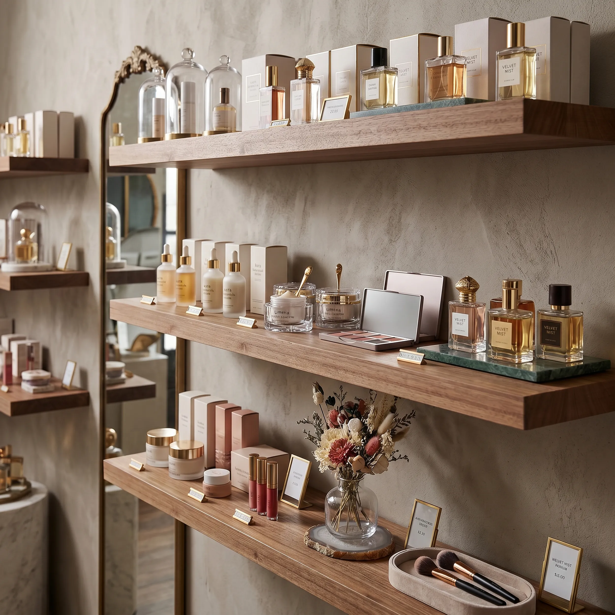 Curated product display on real-wood shelves