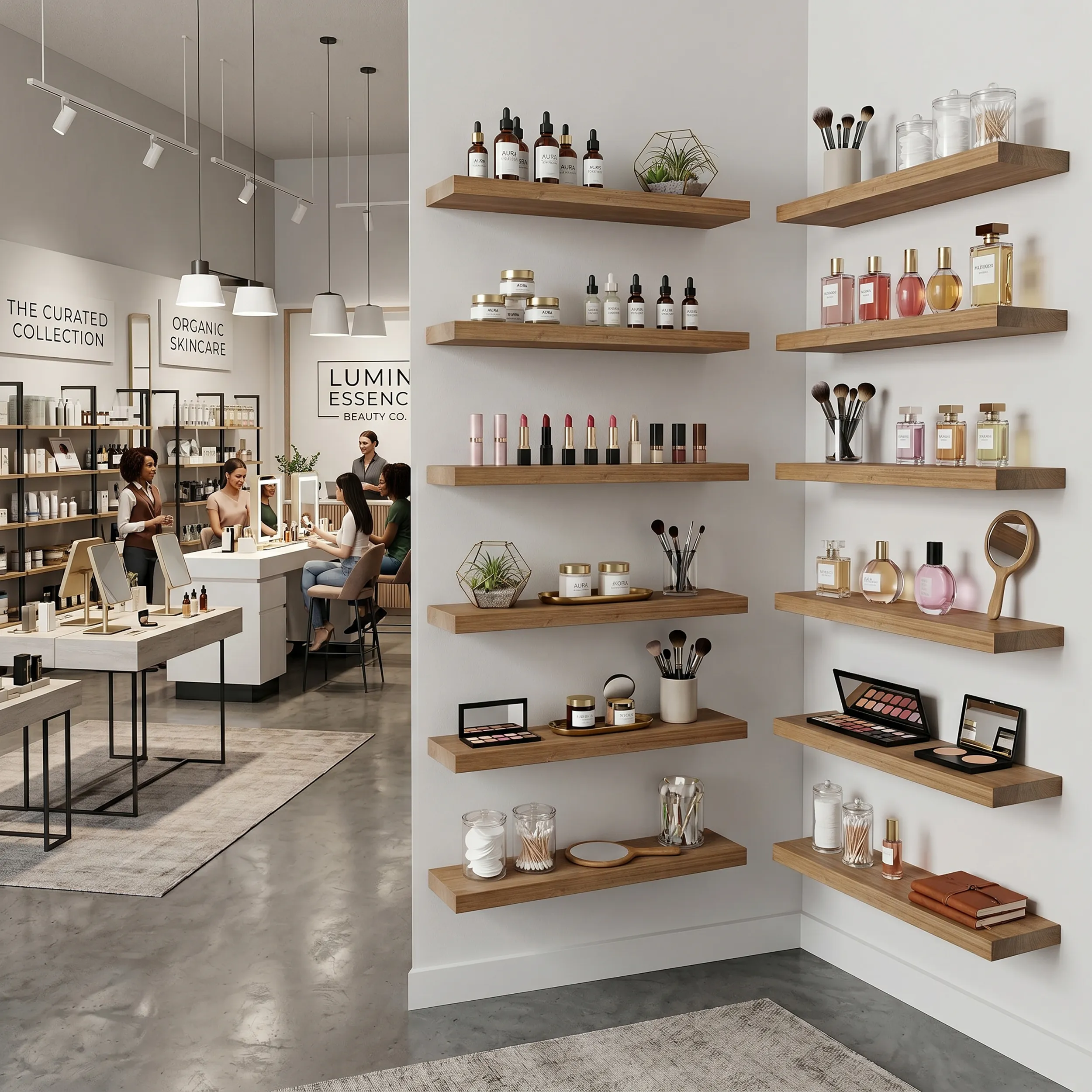 Curated product display on real-wood shelves
